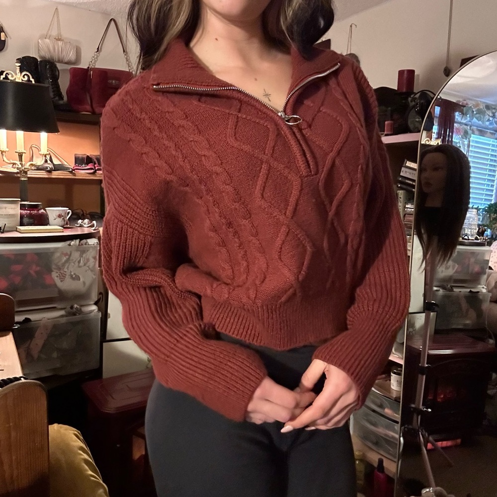 urban outfitters burgundy knit quarter zip sweater xs